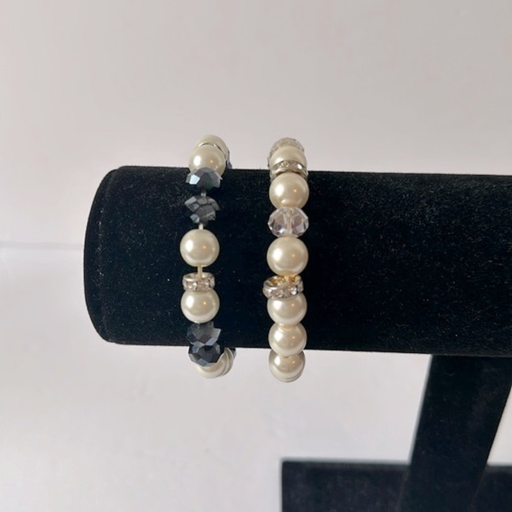 Stretchy Dressy Set of 2 Bracelets Faux Pearl, Rhinestone, Crystal, Black Stones